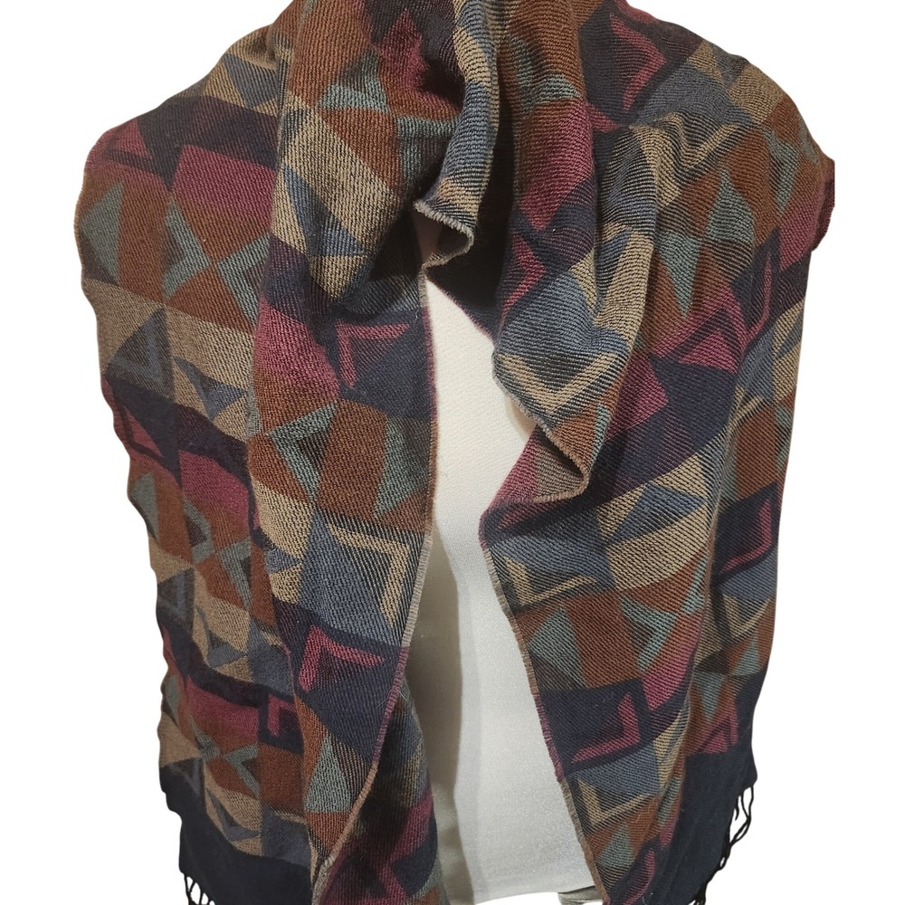 Harry Rosen Geometric Mosaic Scarf Burgundy Navy‎ Tan Wool Blend Fringe Trim